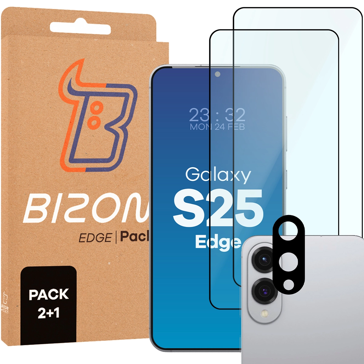 Pudełko i zestaw szkieł do Galaxy S25 Edge: 2x szkło hartowane i lens